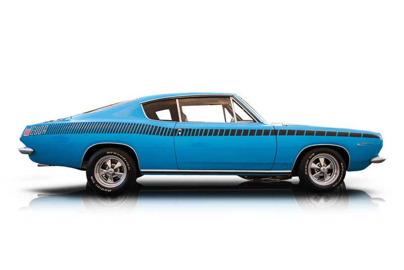 An incredible side shot photo of aPlymouth Barracuda that you should buy.